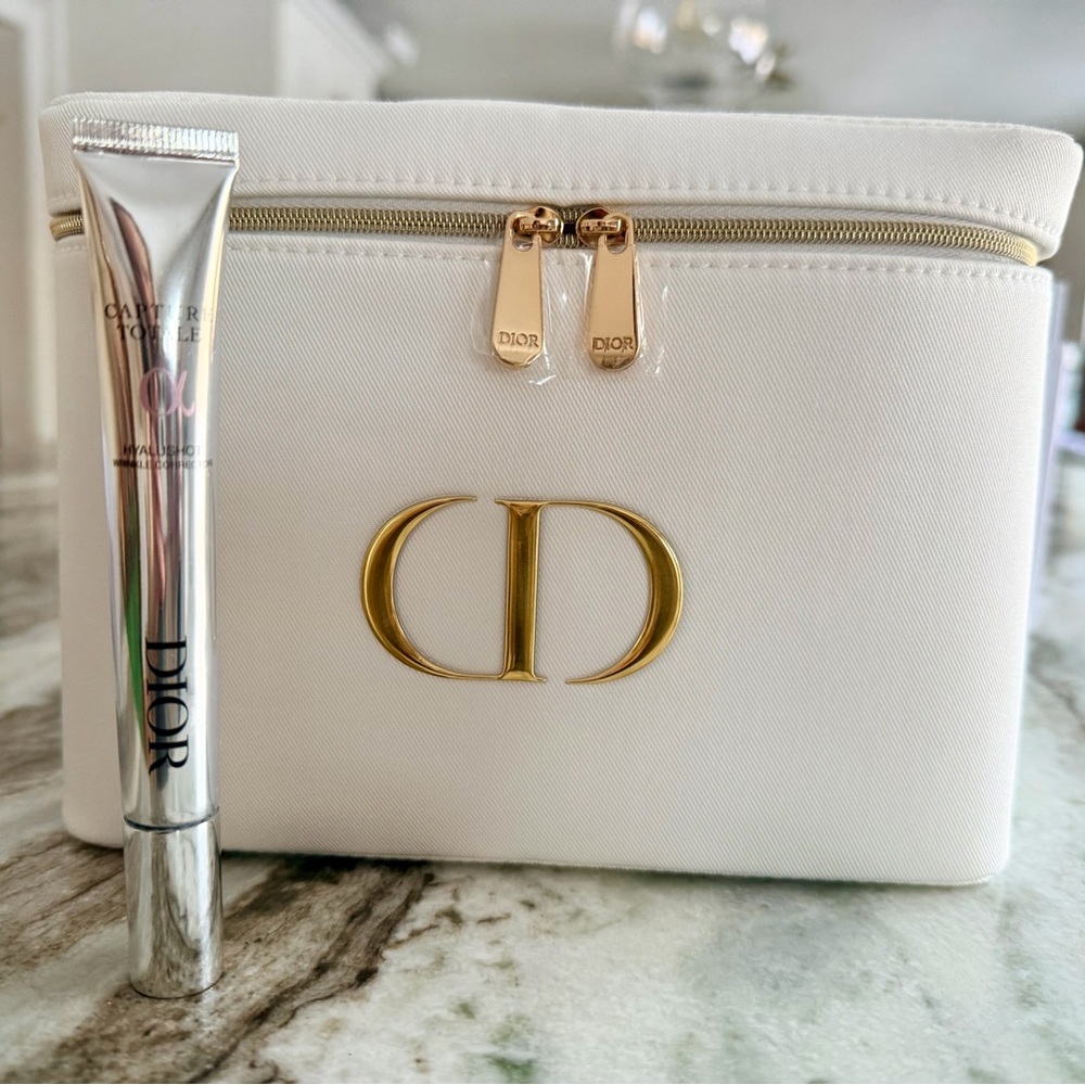 Dior White & Gold Travel Cosmetic Case with Towel and Serum